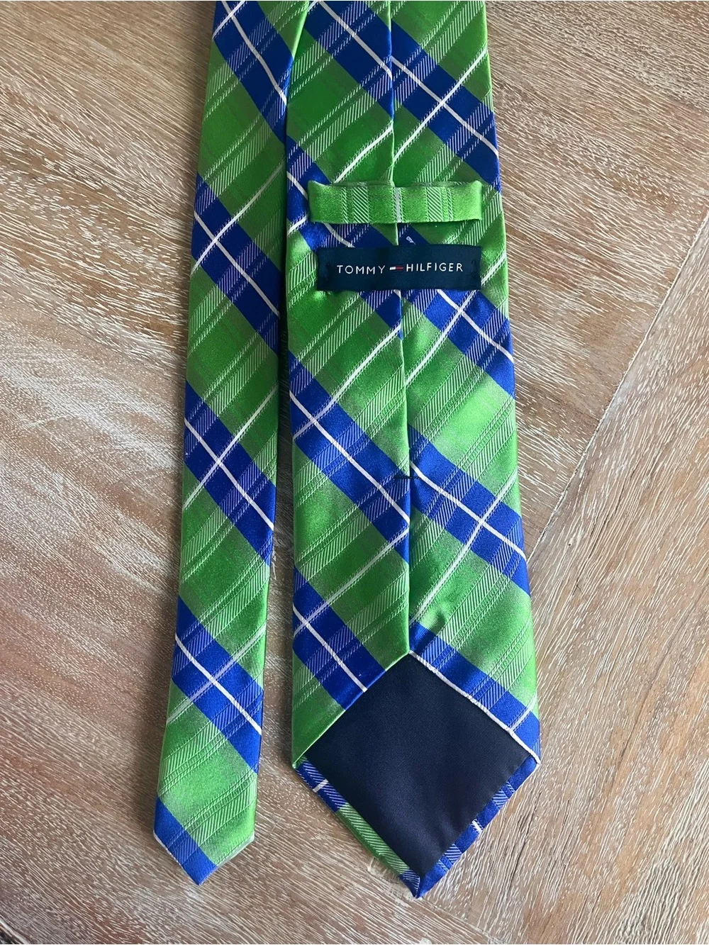 Tommy Hilfiger Green, Blue & White Plaid Silk Tie